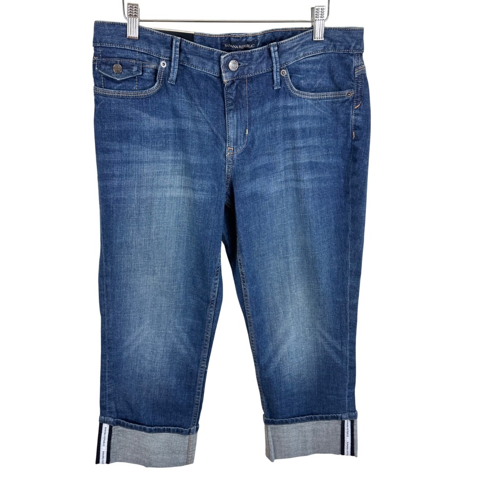 Banana Republic Womens 30/10 Medium Wash Logo Tape Cuff Cropped Capri Jeans NEW